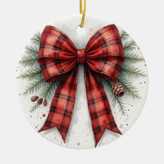 Red Watercolor Christmas Bow Keramik Ornament (Vorne)