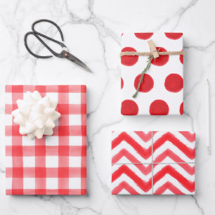 Red Watercolor Dots Gingham Wrapping Paper Geschenkpapier Set