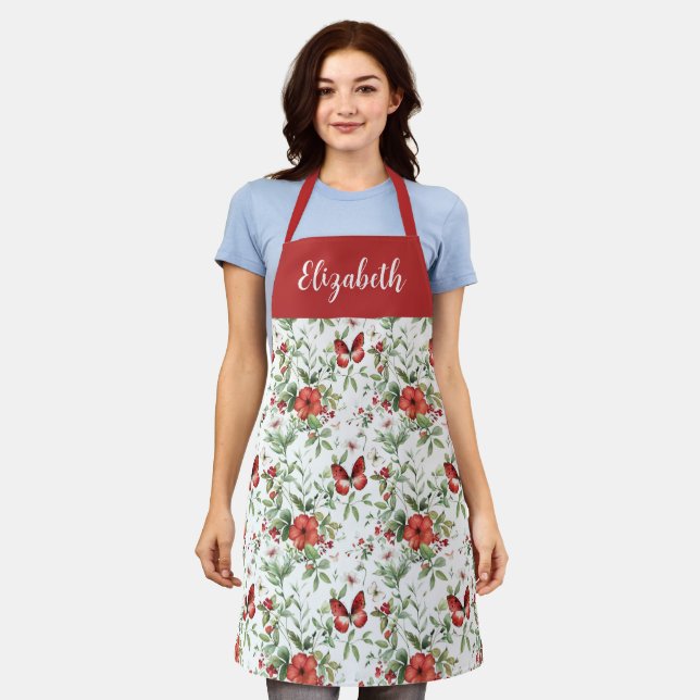 Red Watercolor Floral Custom Name Schürze (Getragen)