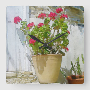 Red watercolor geranium quadratische wanduhr