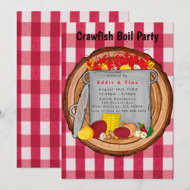 Red Watercolor Gingham Crawfish Party Einladung (Vorne/Hinten)