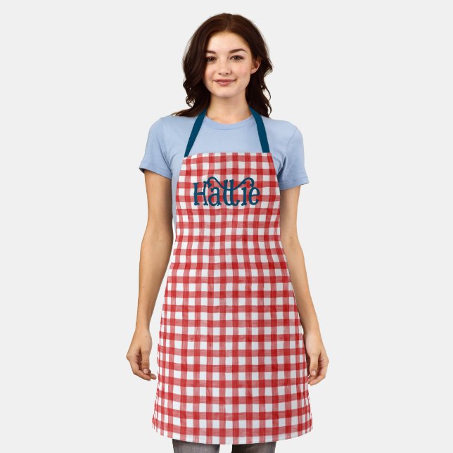 Red Watercolor Gingham Personalisiert Schürze (Getragen)