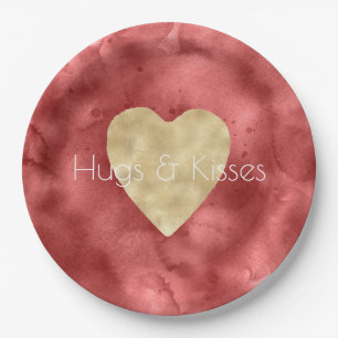 Red Watercolor Gold Heart Pappteller