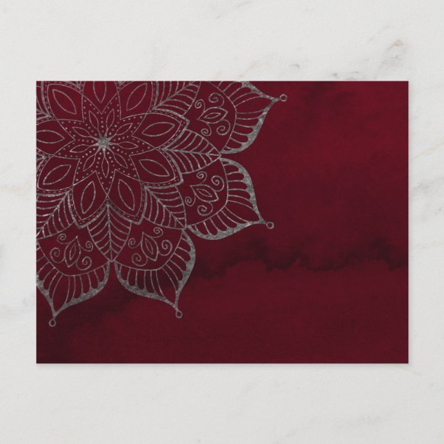 Red Watercolor & Grau/Silver Glitzer Mandala Postkarte (Vorderseite)
