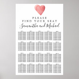 Red Watercolor Heart 20-Tisch Seating Chart Poster