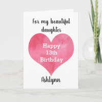 Red Watercolor Heart Happy 13th Birthday Card