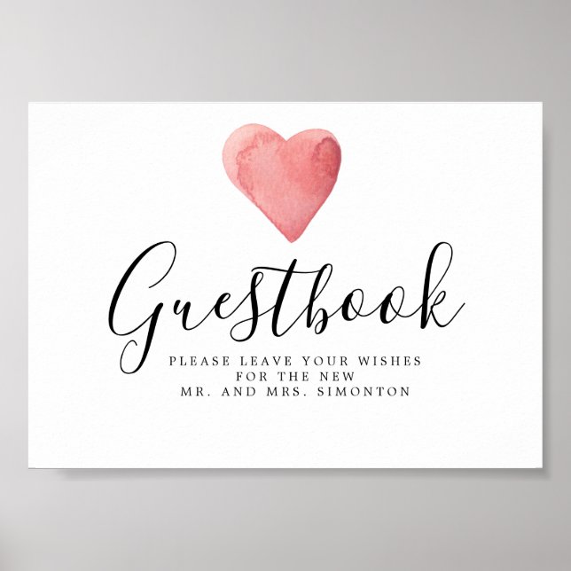 Red Watercolor Heart Wedding Gästebuchunterschrift Poster (Vorne)