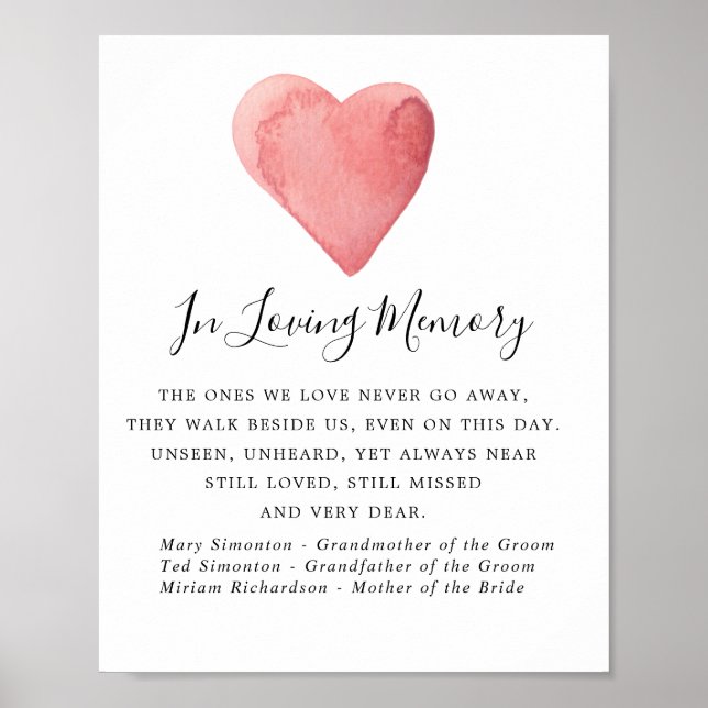 Red Watercolor Heart Wedding Memorial Sign Poster (Vorne)