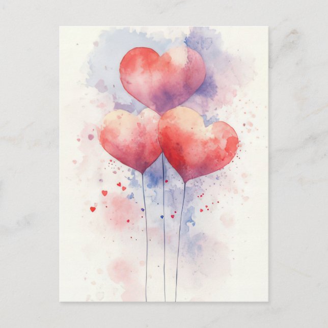Red Watercolor Heartballoons Valentins Gruß Postkarte (Vorderseite)