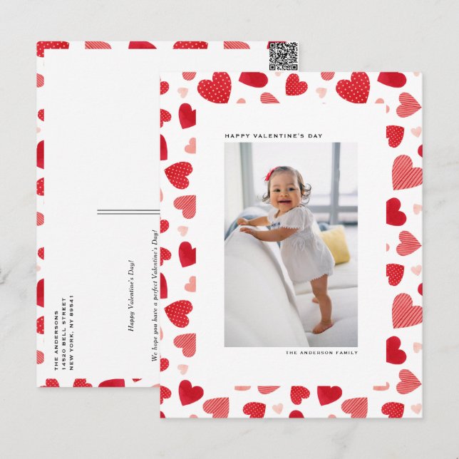 Red Watercolor Hearts Foto Glücklicher Valentinsta Feiertagspostkarte (Vorne/Hinten)