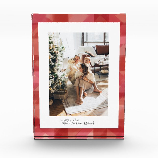 Red Watercolor Kariert Rustikale Weihnachten Fotoblock (Vorderseite)