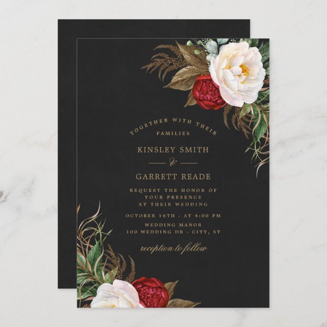 Red Watercolor Peonies Floral Black Gold Hochzeit Einladung (Vorne/Hinten)