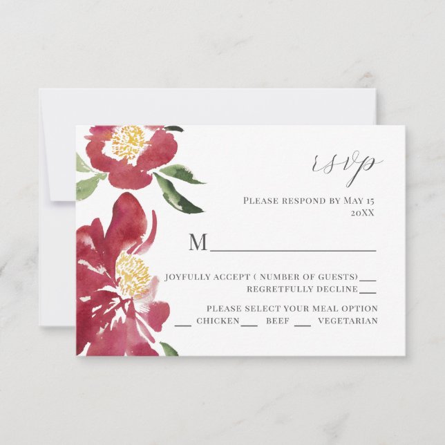 Red Watercolor Peonies Wedding Invitation UAWG RSVP Karte (Vorderseite)