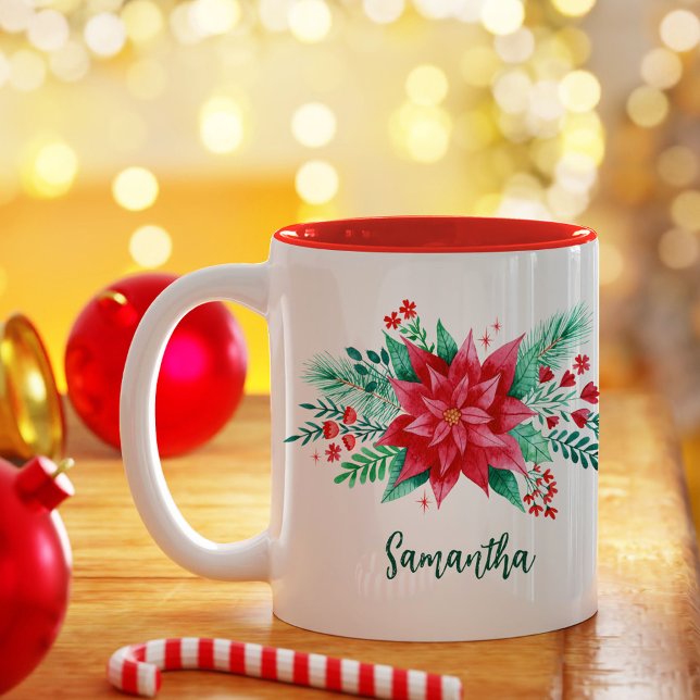 Red Watercolor Poinsettia Weihnachtsfeierliche Blu Zweifarbige Tasse (Watercolor Poinsettia Red Christmas Flower + Name Two-Tone Coffee Mug)
