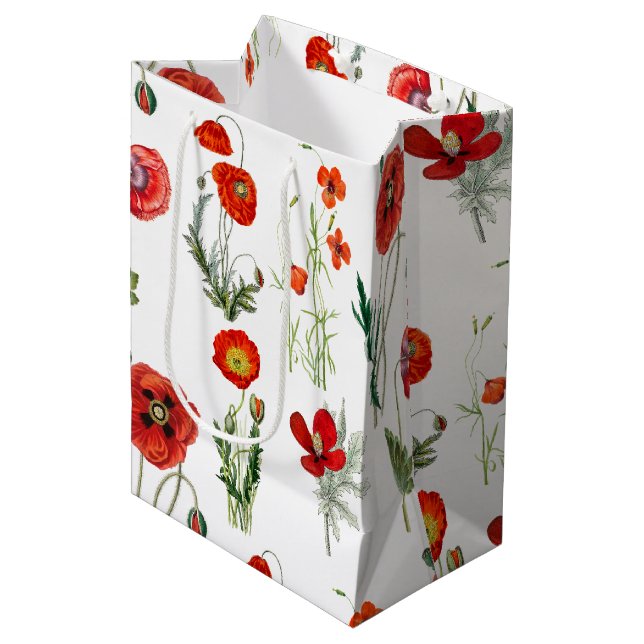 Red Watercolor Poppies Florals Mittlere Geschenktüte (Vorderseite Schrägansicht)