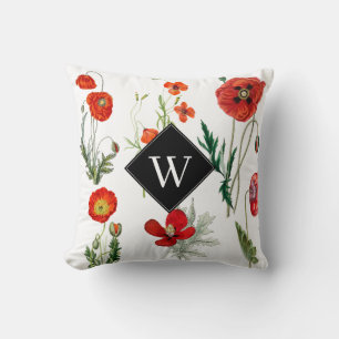 Red Watercolor Poppies Florals Monogram Kissen