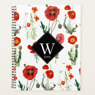 Red Watercolor Poppies Florals Monogram Planer