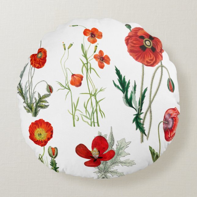 Red Watercolor Poppies Florals Rundes Kissen (Vorderseite)