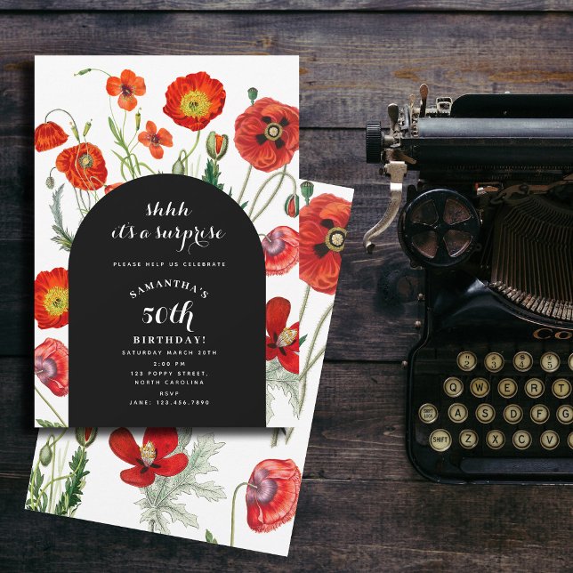 Red Watercolor Poppies Florals Überraschung Geburt Einladung (Red Watercolor Poppies Florals Surprise Birthday Invitation)