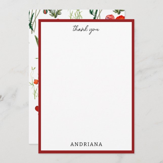 Red Watercolor Poppies Florals Vielen Dank Dankeskarte (Vorne/Hinten)
