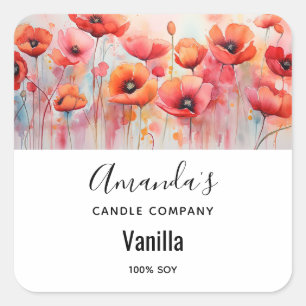 Red Watercolor Poppies in a Field Candle Business Quadratischer Aufkleber