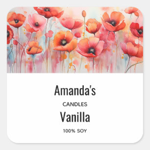 Red Watercolor Poppies in a Field Candle Business Quadratischer Aufkleber