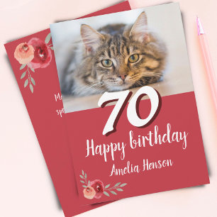 Red Watercolor Rose Cat Foto 70. Geburtstag