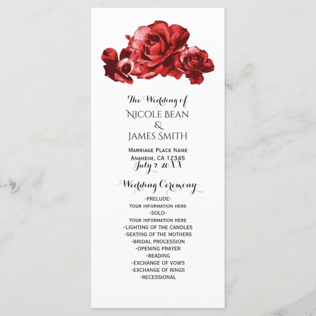 Red Watercolor Vintage Rose Hochzeitsprogramm Rack Programm (Vorderseite)