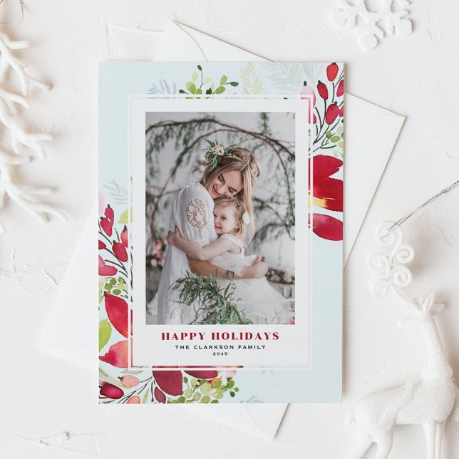 Red Watercolor Weihnachten Blume Foto (Customizable photo holiday card featuring watercolor red red poinsettia and greenery)