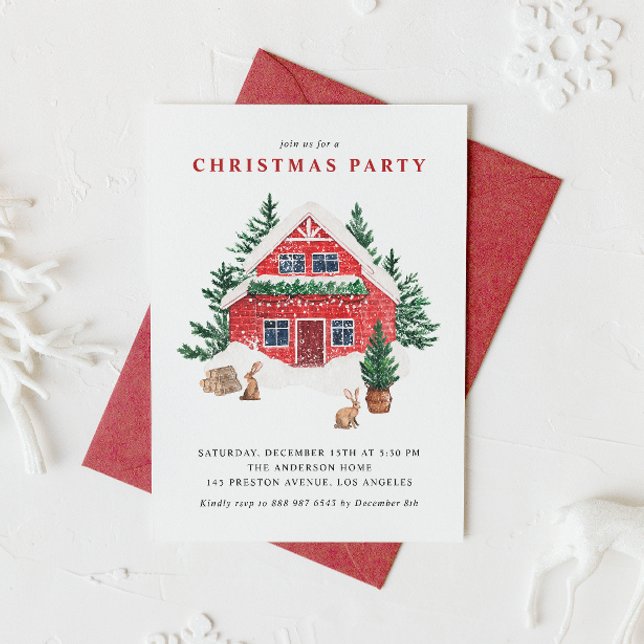 Red Watercolor Winter Hütte Weihnachten Party Einladung (This customizable Christmas party invitation features a watercolor red cottage in a snowy forest.)