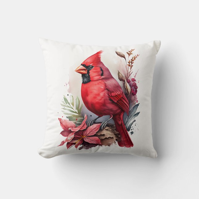 Red Watercolor Winter Kardinal Bird Kissen (Vorderseite)