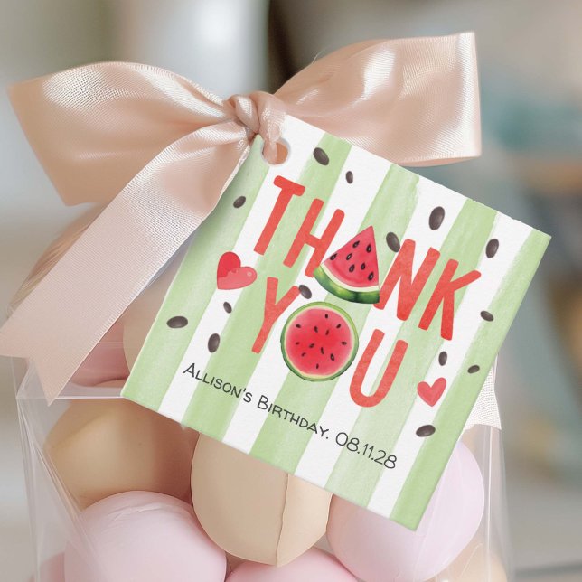Red watermelon Themed Summer Birthday Danke Geschenkanhänger (Red watercolor cute watermelon, girl summer birthday thank you favor tags.)