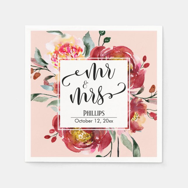 Red Wedding Blume Bouquet Mr & Mrs. Script, Blush Serviette (Vorderseite)