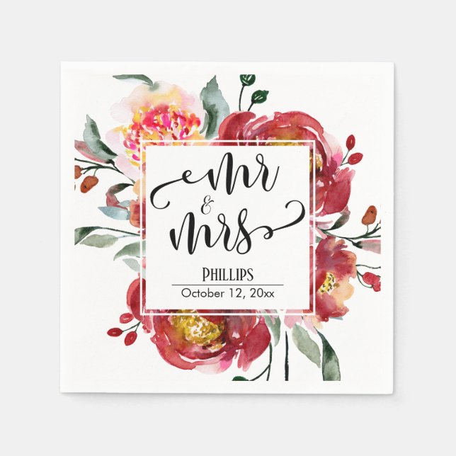 Red Wedding Blume Bouquet Mr & Mrs Typografy Serviette (Vorderseite)