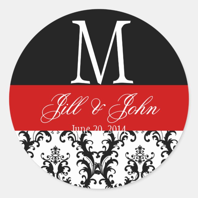 Red Wedding Monogram Names Date Damask Siegel Runder Aufkleber (Vorderseite)