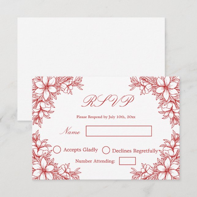 Red Wedding RSVP mit Verzierten Blumengrafiken Karte (Vorne/Hinten)