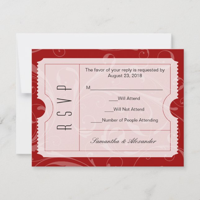 Red Wedding Ticket RSVP Card Karte (Vorderseite)