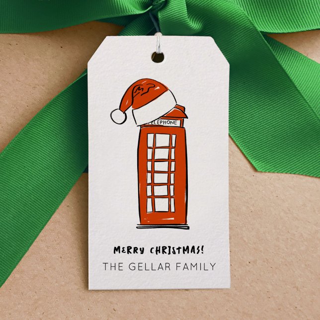 Red Weihnachtsmannmütze London Telefonbox Geschenkanhänger (Red Santa Hat London Telephone Box Illustrated Gift Tags)