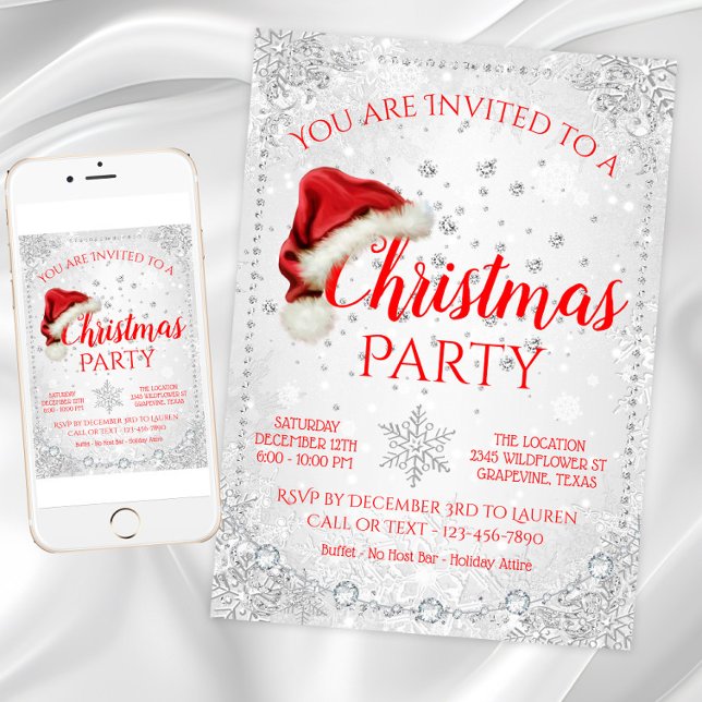 Red Weihnachtsmannmütze Snowflake Weihnachts-Party Einladung (Santa hat snowflake Christmas party invitation. Available for instant download and print.)
