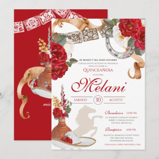 Red Western Rosen Charra Ranchera Quinceanera Einladung
