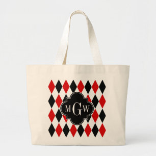 Red WhBlack Harlequin Blk Quatrefolie 3 Monogramm Jumbo Stoffbeutel