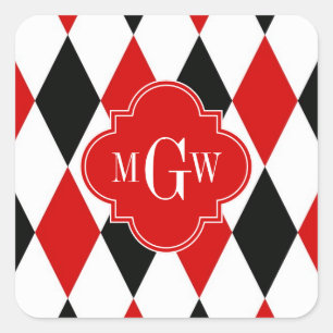 Red WhBlack Harlequin Red Quatrefoil 3 Monogramm Quadratischer Aufkleber