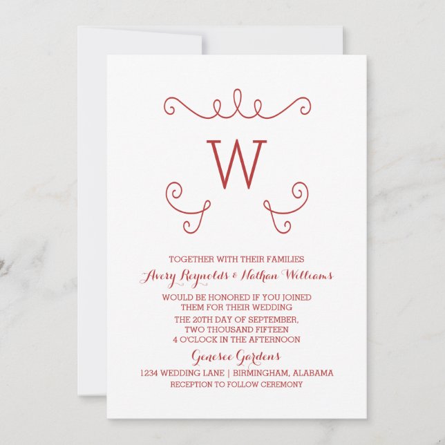 Red Whimsical Blüh Monogram Wedite Einladung (Vorderseite)