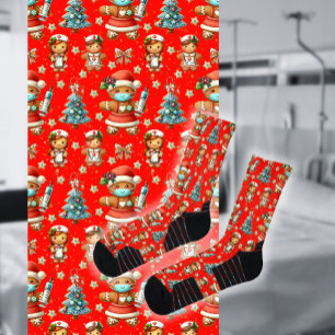 Red Whimsical Christmas Gingerbread Girl Nurse Socken