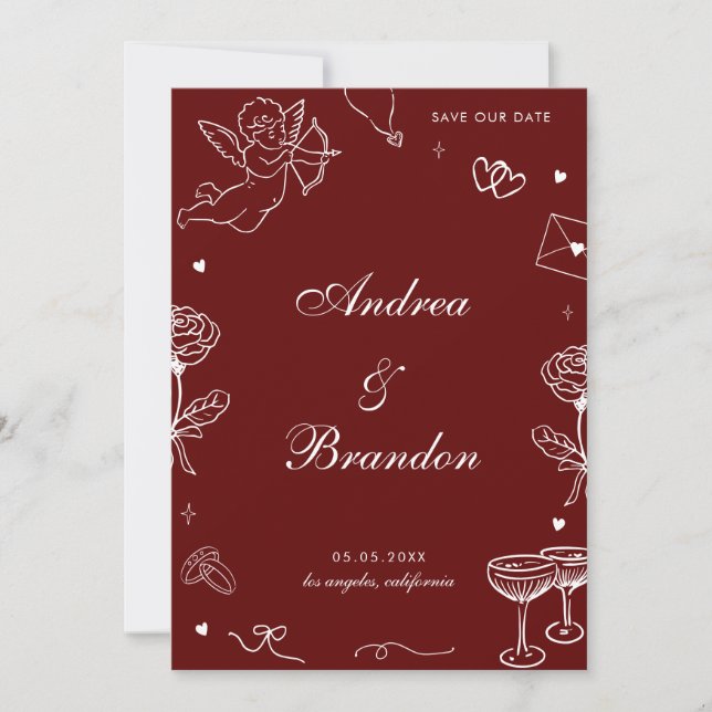 Red Whimsical Hand Drawn Fun Scribble Wedding Save The Date (Vorderseite)