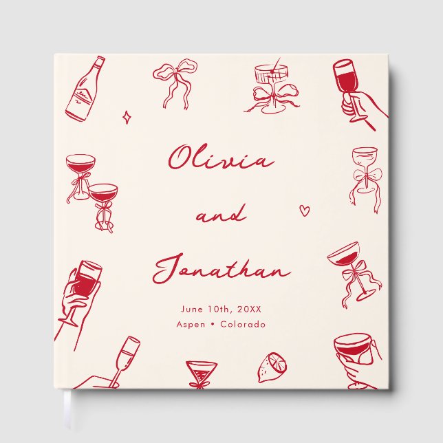 Red Whimsical Hand Drawn Wedding Gästebuch (Vorderseite)