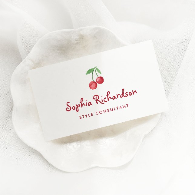 Red Whimsical Retro Cherries | QR-Code Visitenkarte (Von Creator hochgeladen)