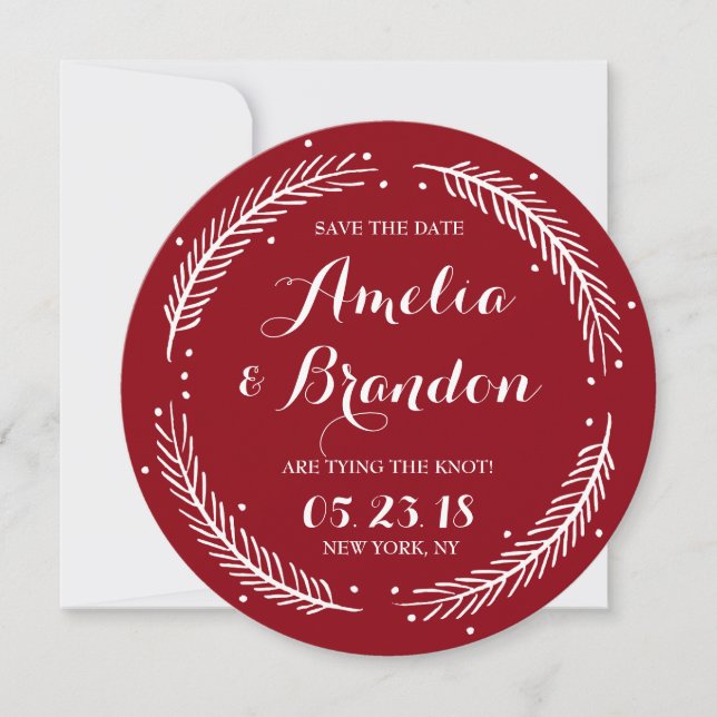 Red Whimsisical Winter Wreath Save the Date Card (Vorderseite)