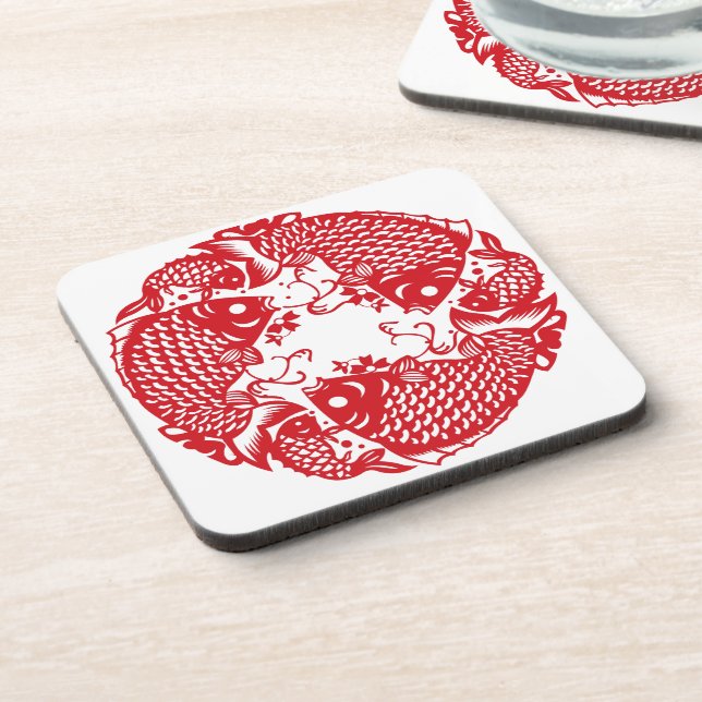 Red Whirling Koi Carp Fish Group SqC Getränkeuntersetzer (Linke Seite)