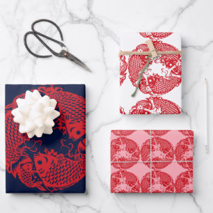 Red Whirling Koi Carp Fish Group WPS3 Geschenkpapier Set